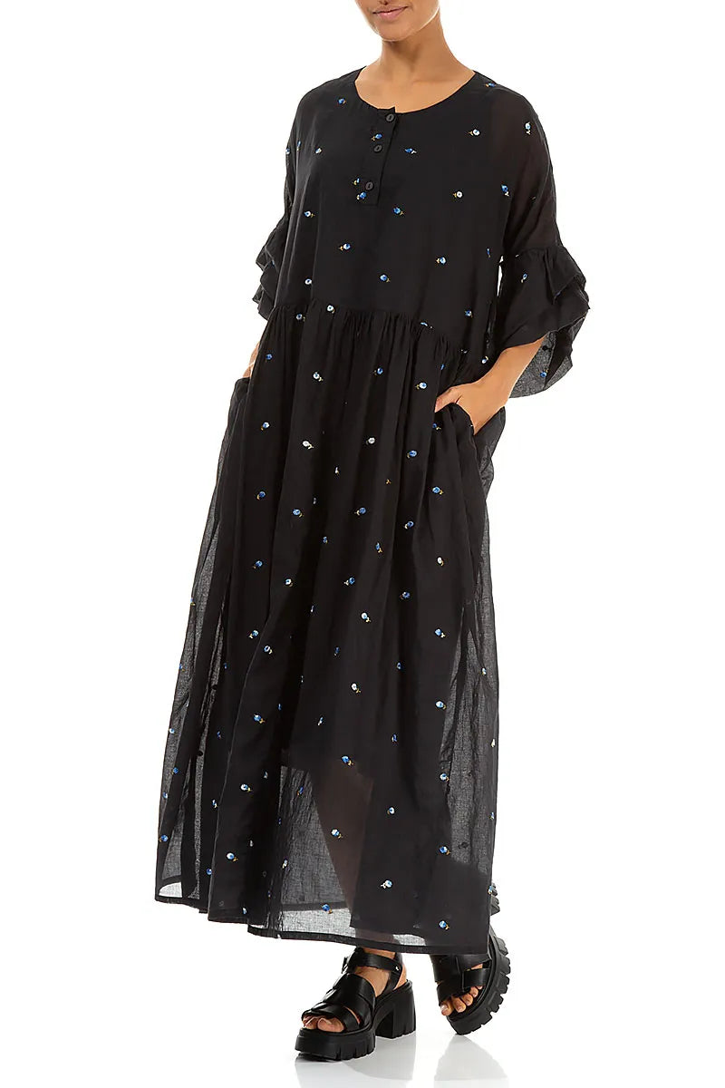 Ruffle Sleeve Black Embroidered Petals Cotton Dress 5