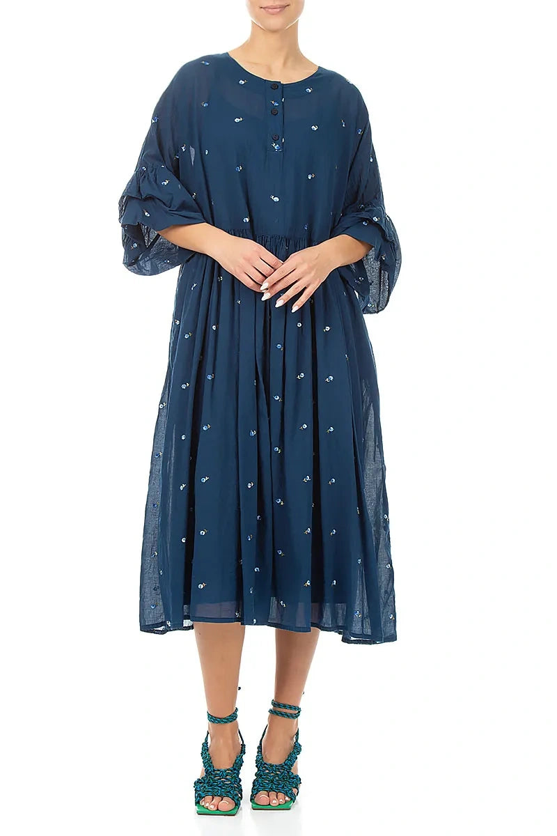 Ruffle Sleeve Navy Embroidered Petals Cotton Dress 4