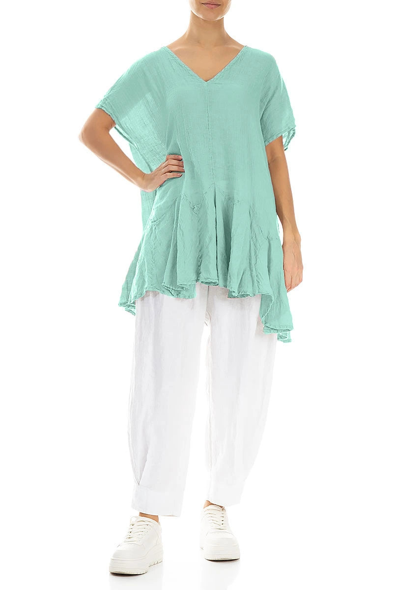 Ruffled Mint Gauze Linen Blouse 4