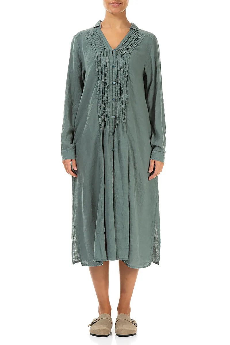 Sage Pintuck Linen Shirt Dress 1