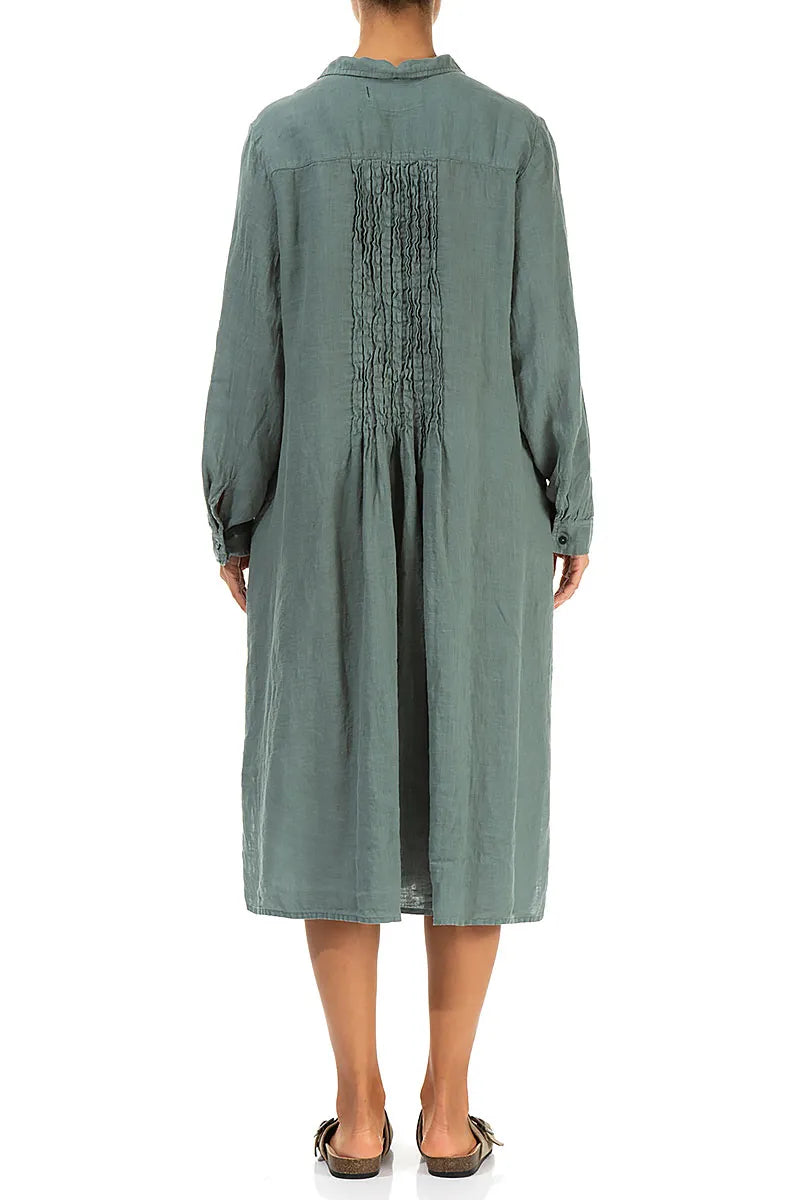 Sage Pintuck Linen Shirt Dress 2