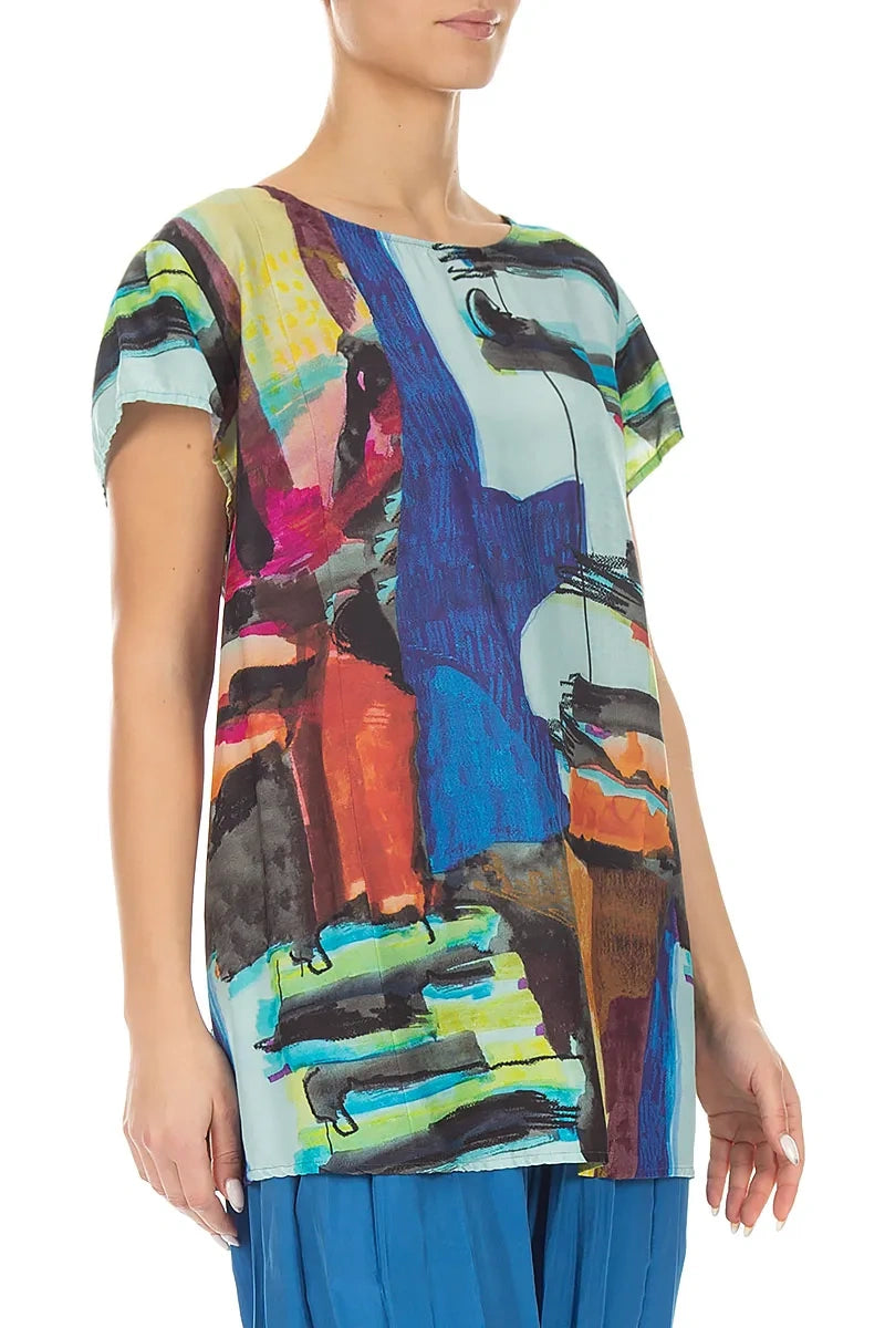 Short Sleeves Abstract Silk Bamboo Top 3