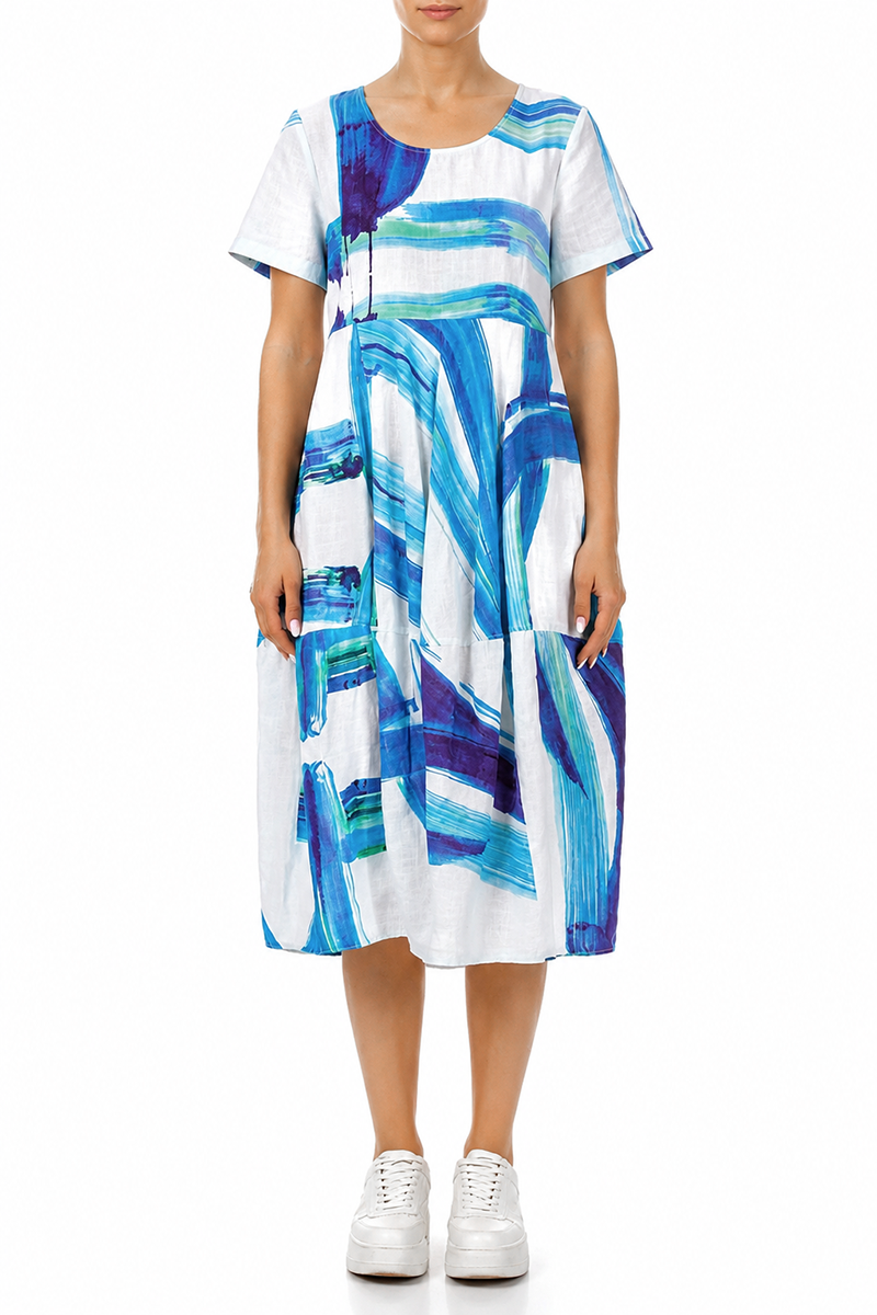 Short Sleeves Balloon Blue Brushstroke Linen Dress 1