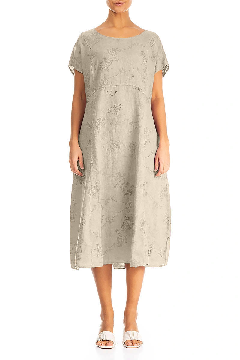 Short Sleeves Beige Blossom Linen Dress 1