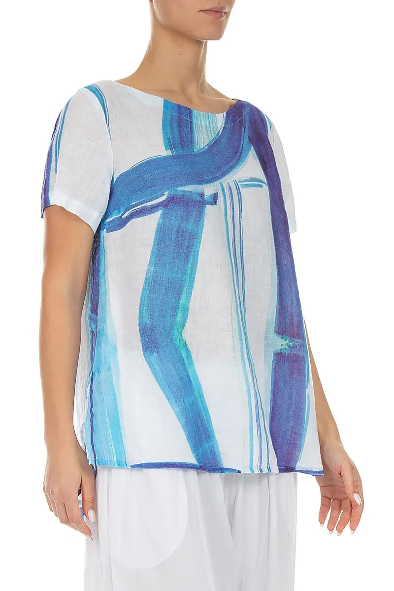 Short Sleeves Blue Brushstroke Linen Top 3