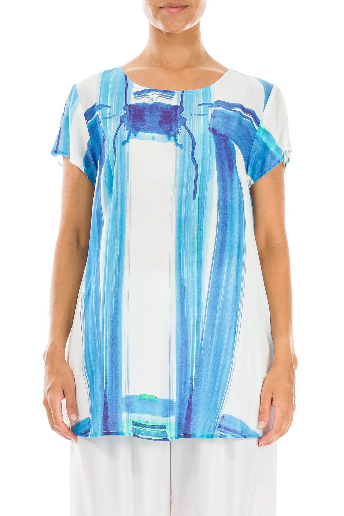 Short Sleeves Blue Brushstroke Silk Bamboo Top 2
