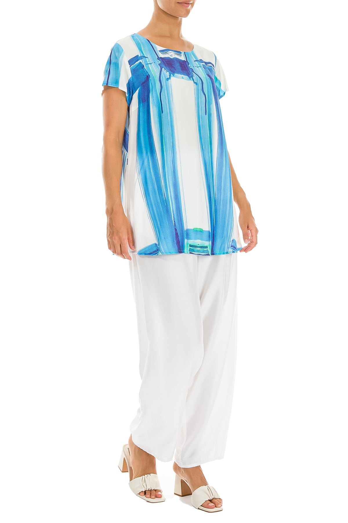 Short Sleeves Blue Brushstroke Silk Bamboo Top 5