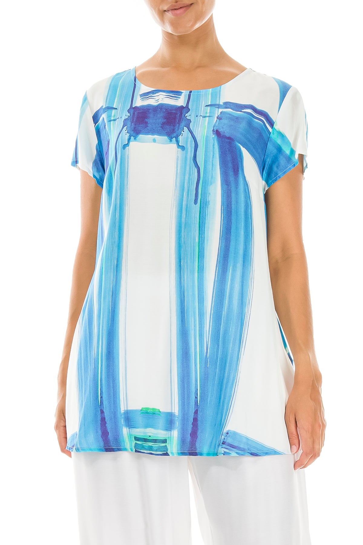 Short Sleeves Blue Brushstroke Silk Bamboo Top 4