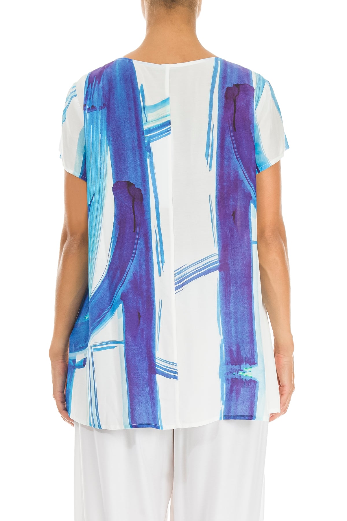 Short Sleeves Blue Brushstroke Silk Bamboo Top 3