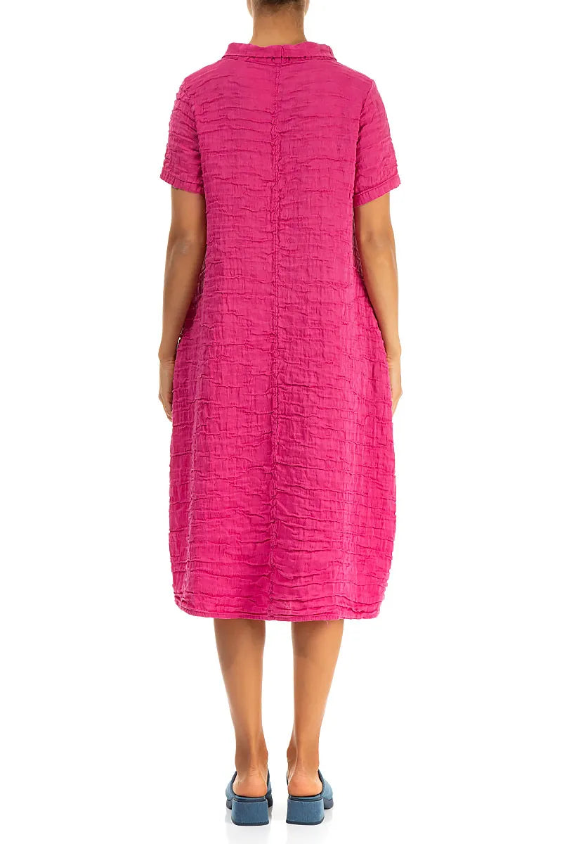 Short Sleeves Cowl Neck Fuchsia Crinkled Silk Linen Dress 2