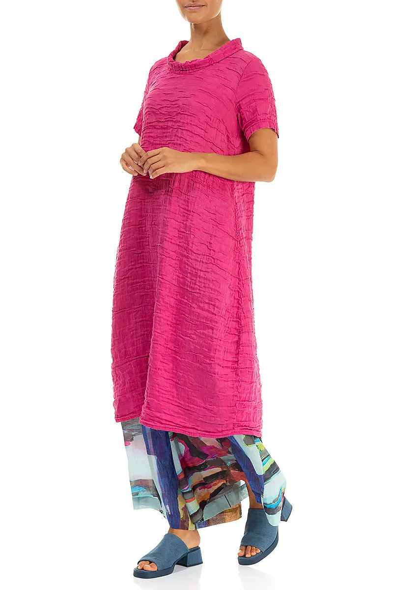Short Sleeves Cowl Neck Fuchsia Crinkled Silk Linen Dress 5