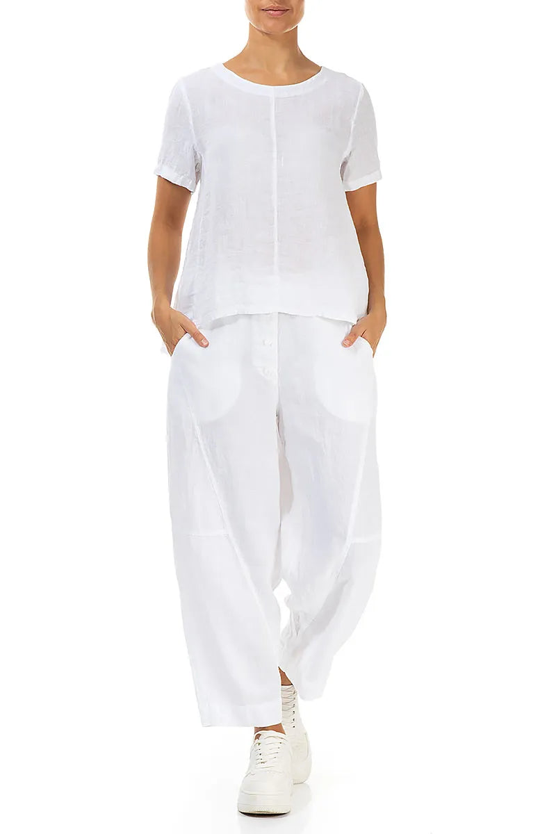 Short Sleeves Flared White Linen Top 4