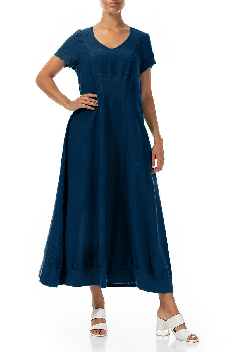 Short Sleeves Navy Linen Maxi Dress 4