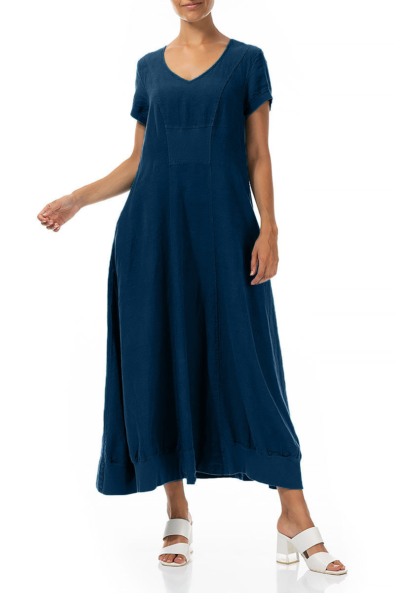 Short Sleeves Navy Linen Maxi Dress 3