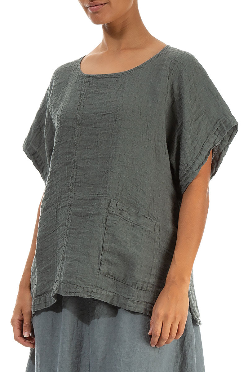 Short Sleeves Sage Crêpe Linen Blouse 3