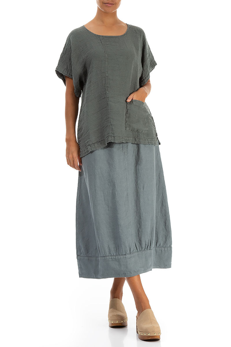 Short Sleeves Sage Crêpe Linen Blouse 4