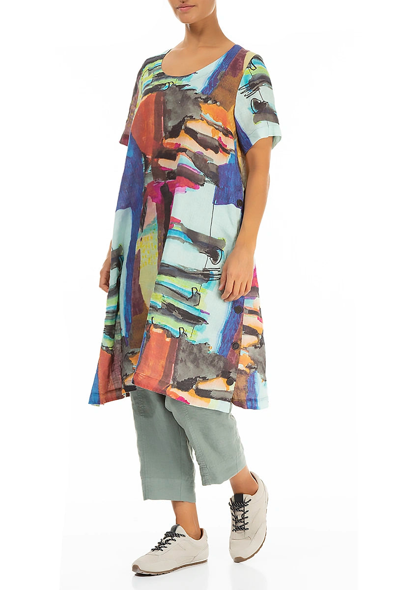 Side Buttons Abstract Linen Tunic Dress 5