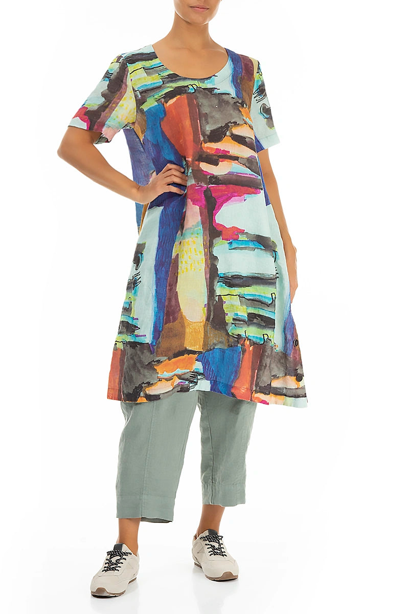 Side Buttons Abstract Linen Tunic Dress 6