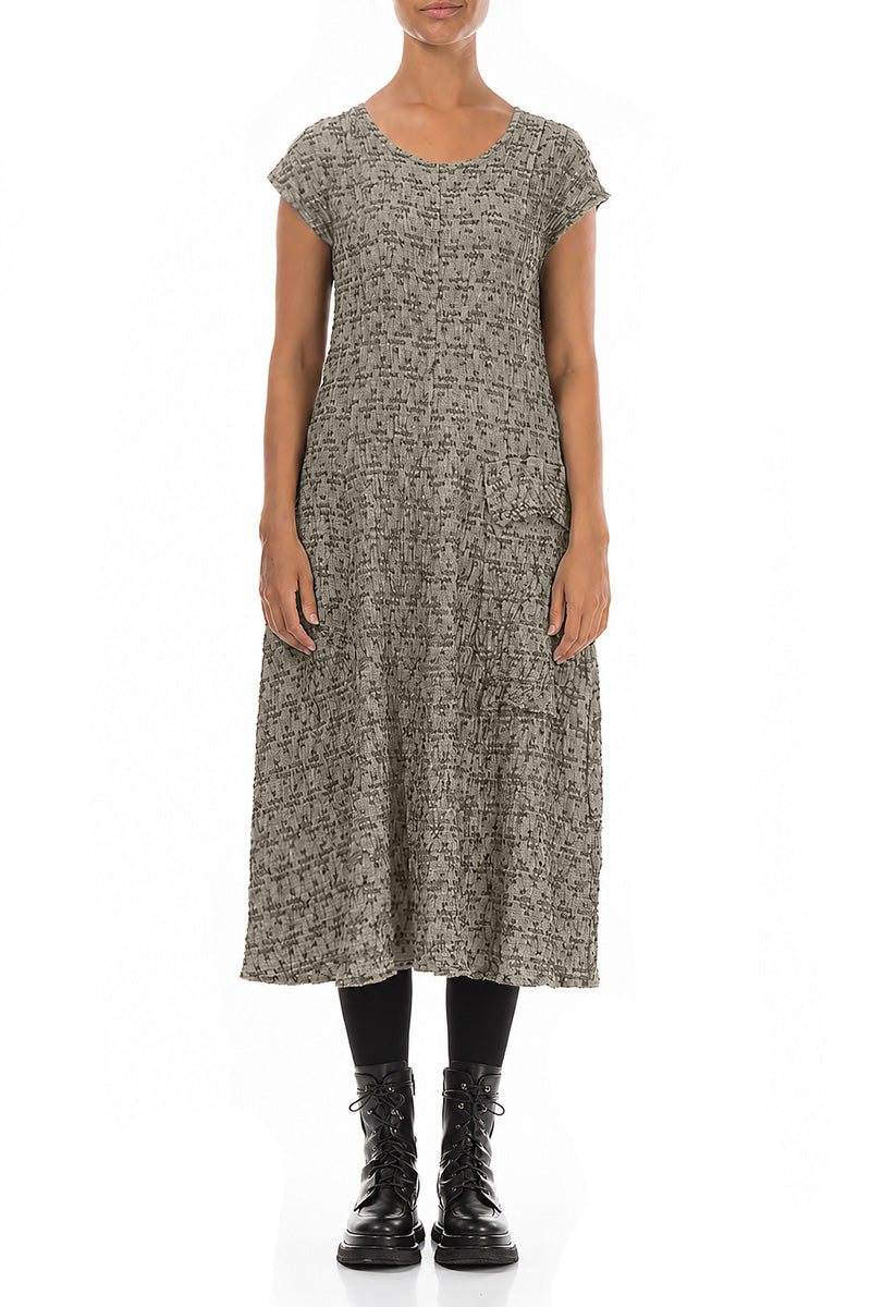 Side Pocket Geometric Texture Olive Grey Linen Dress 1