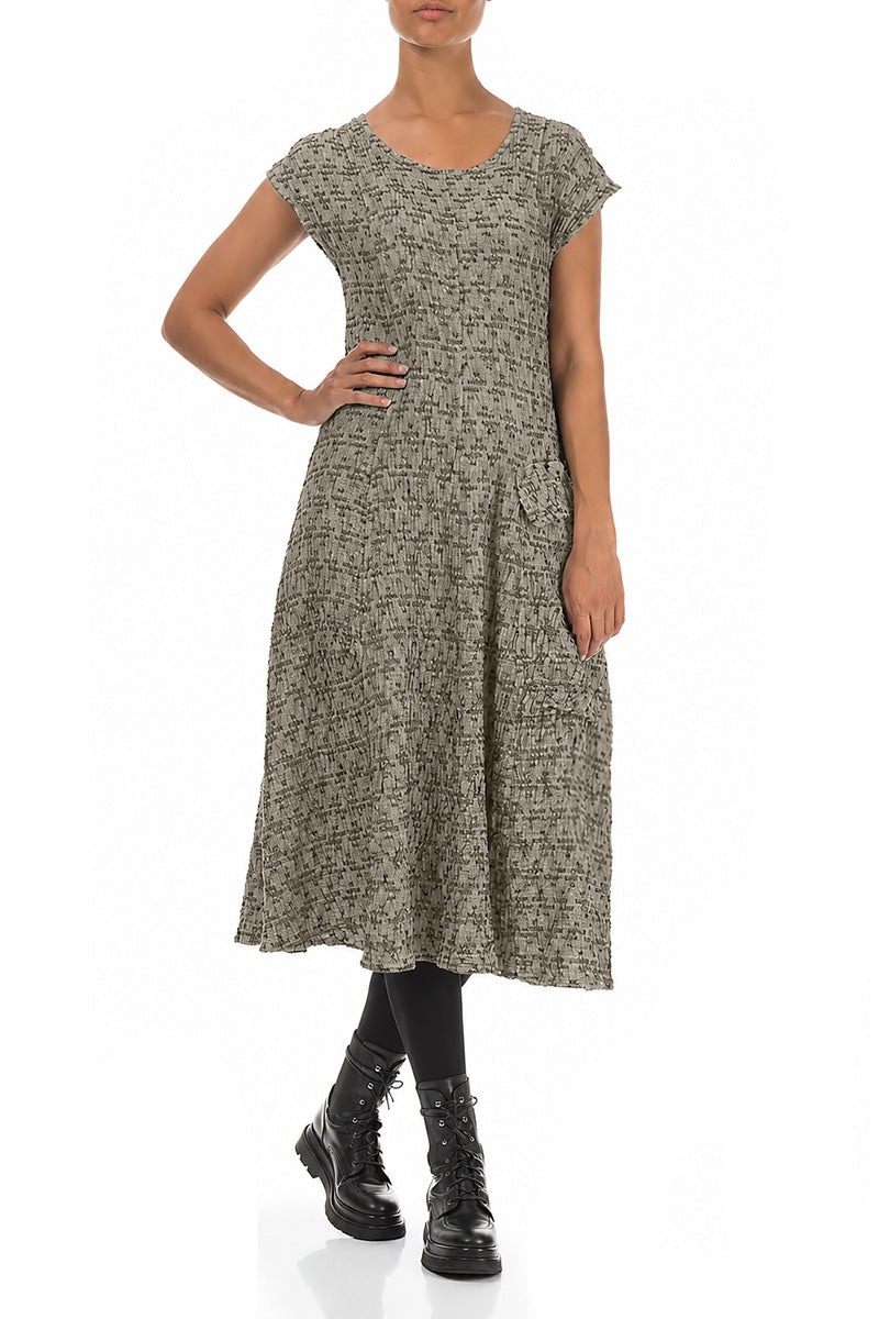Side Pocket Geometric Texture Olive Grey Linen Dress 4