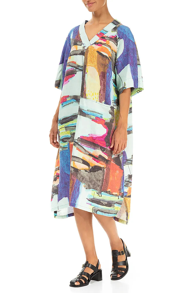 Side Pocket V-Neck Abstract Linen Dress 3
