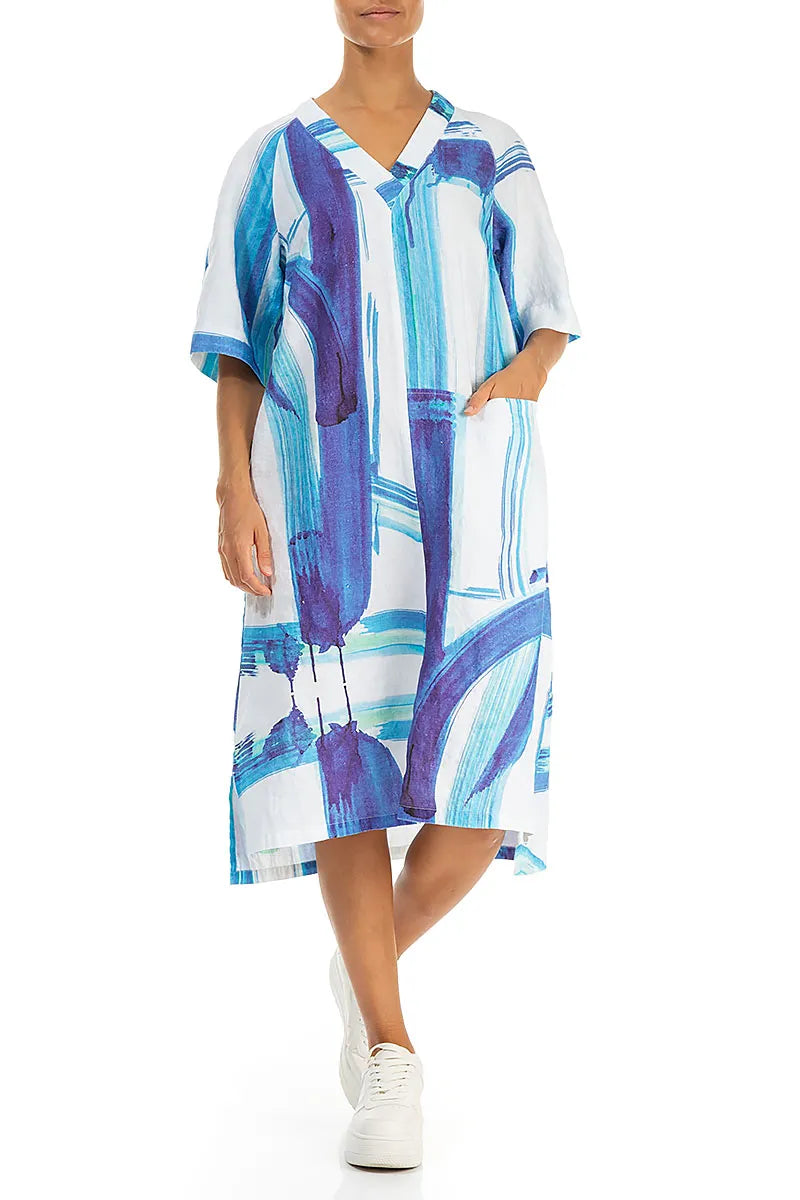 Side Pocket V-Neck Blue Brushstroke Linen Dress 3