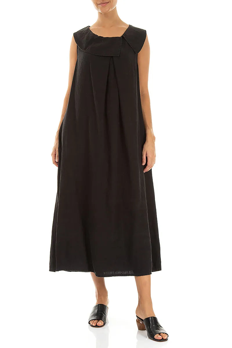 Sleeveless A-line Black Linen Dress 4
