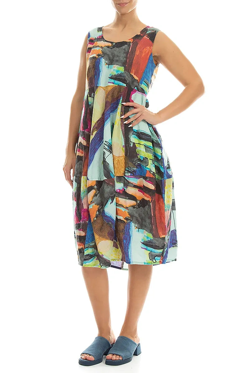 Sleeveless Balloon Abstract Linen Dress 4