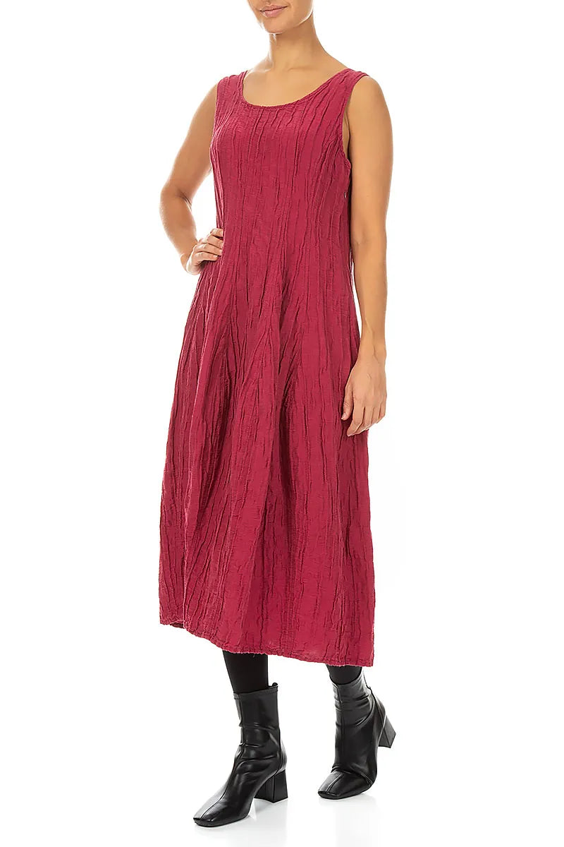 Sleeveless Balloon Crinkled Ruby Silk Linen Dress 4