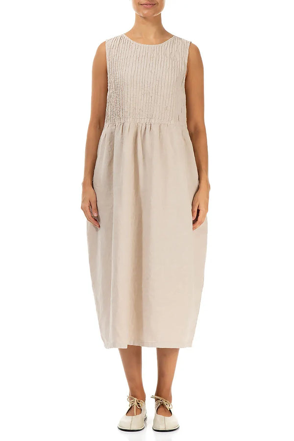 Sleeveless Beige Pintuck Linen Dress 1