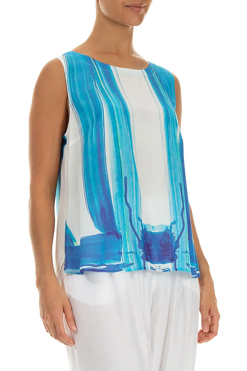 Sleeveless Blue Brushstroke Silk Bamboo Top 3