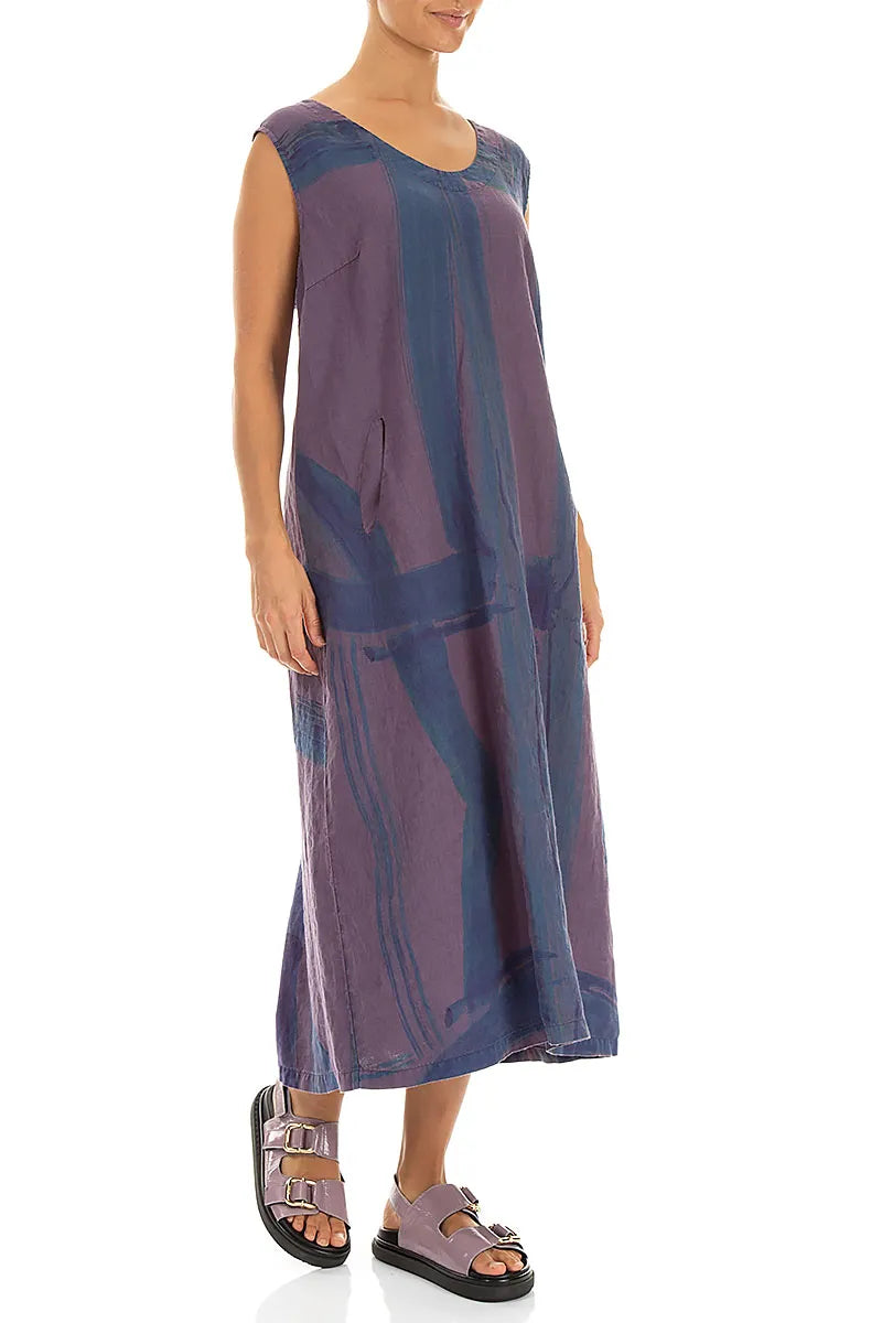 Soft V-Neck Amethyst Brushstroke Linen Dress 3