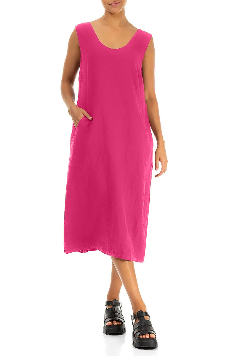 Soft V-Neck Fuchsia Linen Dress 4