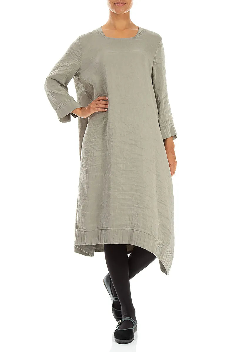 Square Neck Textured Olive Grey Silk Dress 4