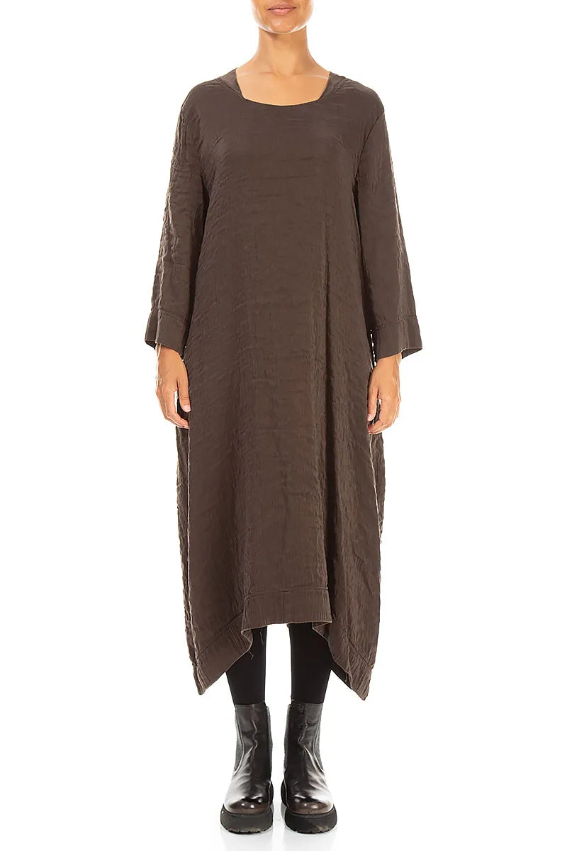 Square Neck Textured Truffle Brown Silk Dress 1