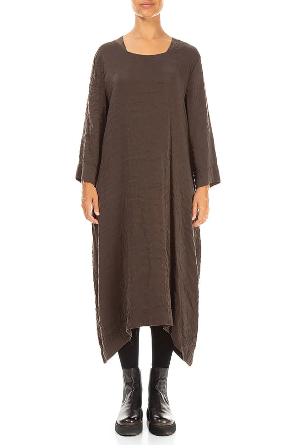 Square Neck Textured Truffle Brown Silk Dress 1