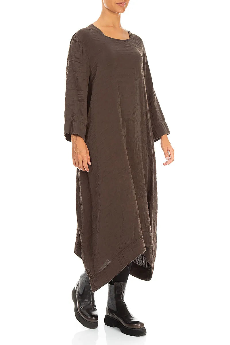Square Neck Textured Truffle Brown Silk Dress 3