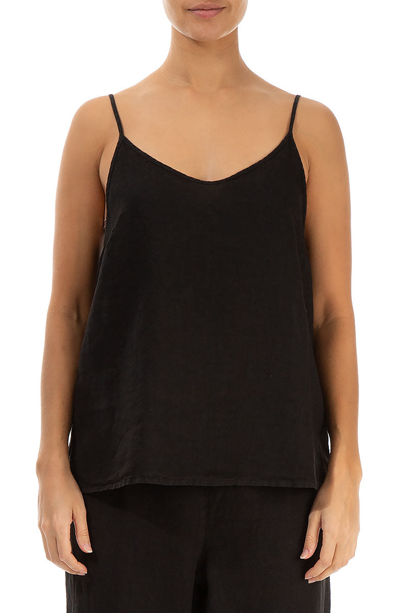 Strappy Black Linen Camisole Top 1