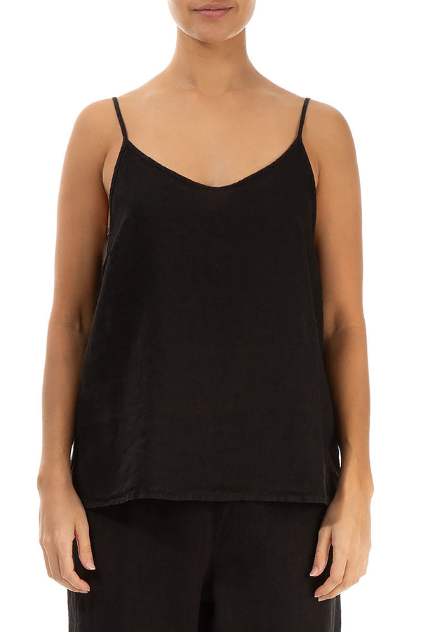 Strappy Black Linen Camisole Top 1