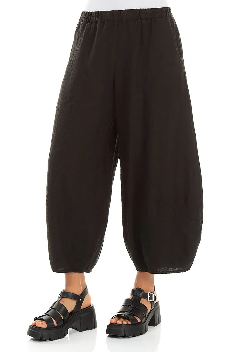 Taper Cropped Wide Black Linen Trousers 3