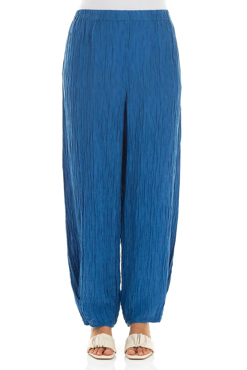 Tapered Cobalt Blue Crinkled Silk Trousers 1