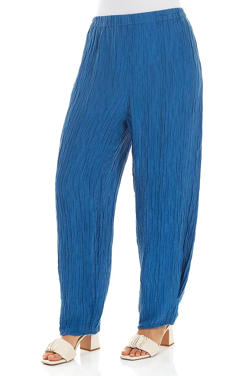 Tapered Cobalt Blue Crinkled Silk Trousers 3