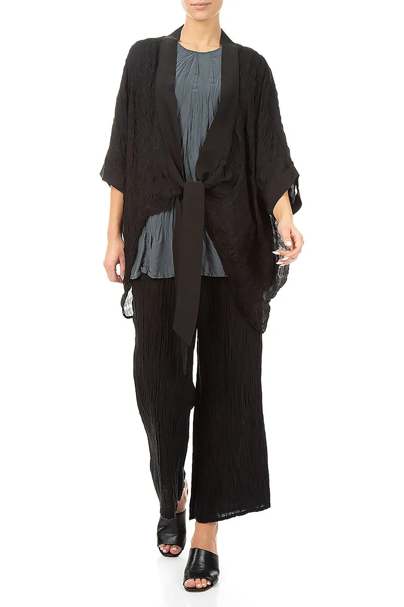 Tie Up Black Textured Silk Jacket 5