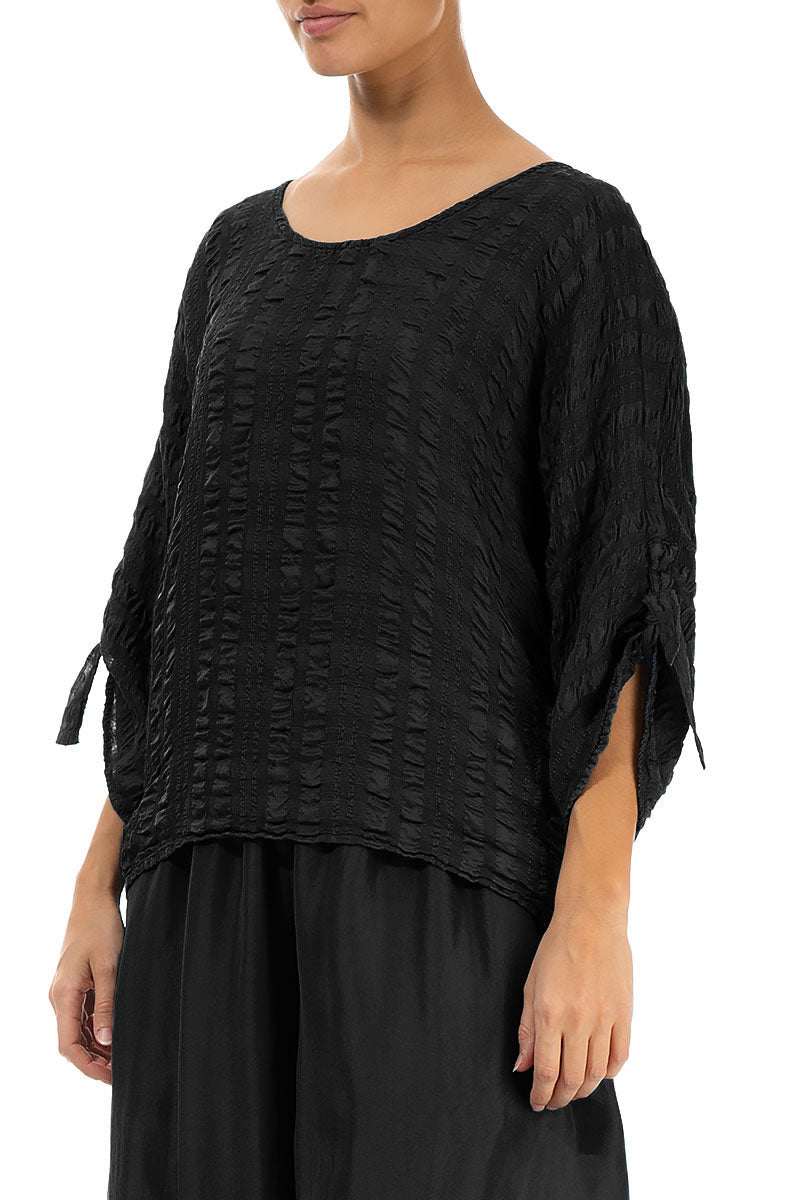 Tie Up Sleeves Black Light Silk Blouse 3