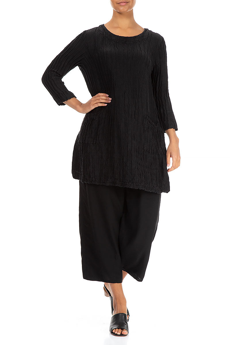 Two Pockets Crinkled Black Silk Linen Tunic 4