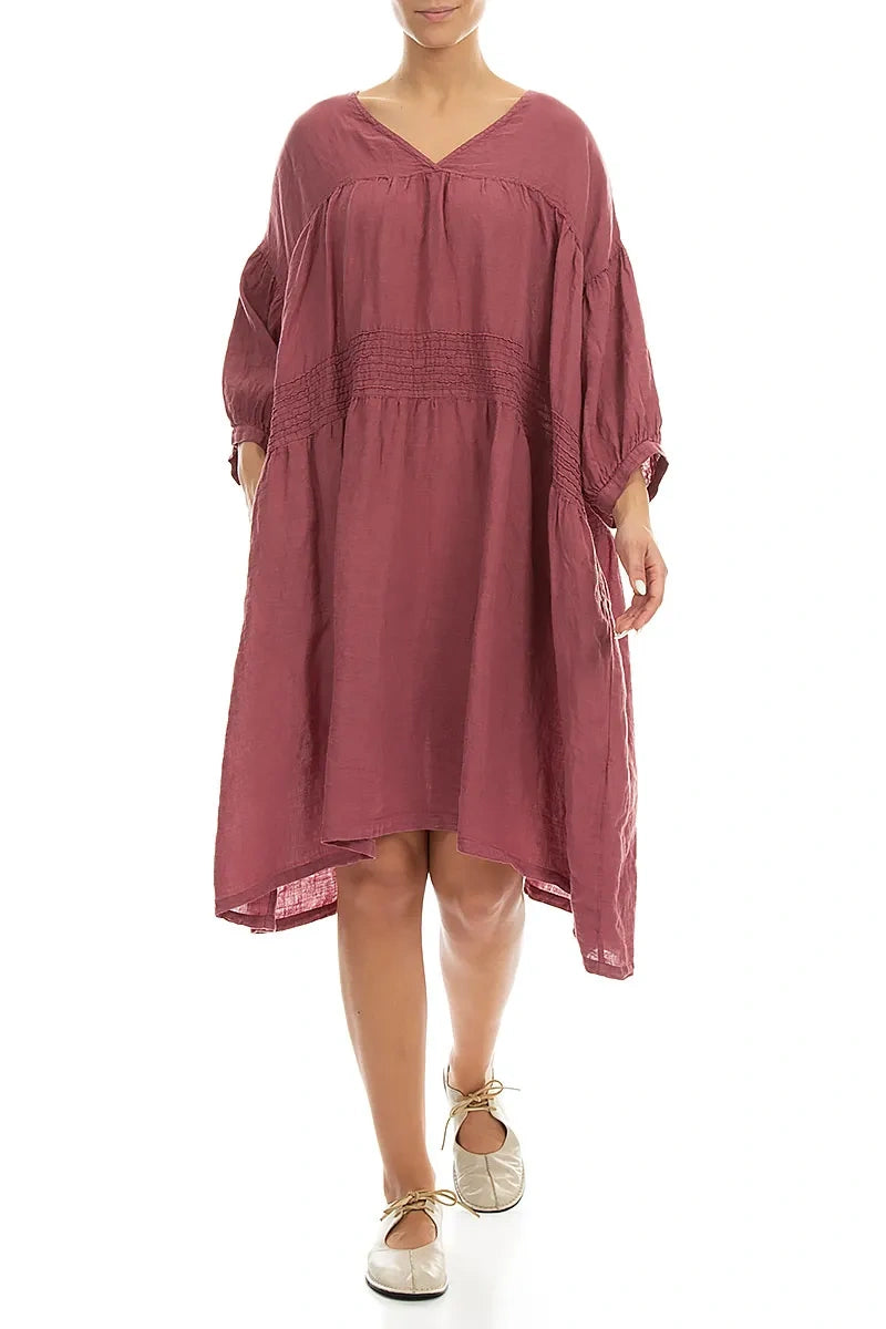V-Neck Antique Ruby Pintuck Linen Dress 4