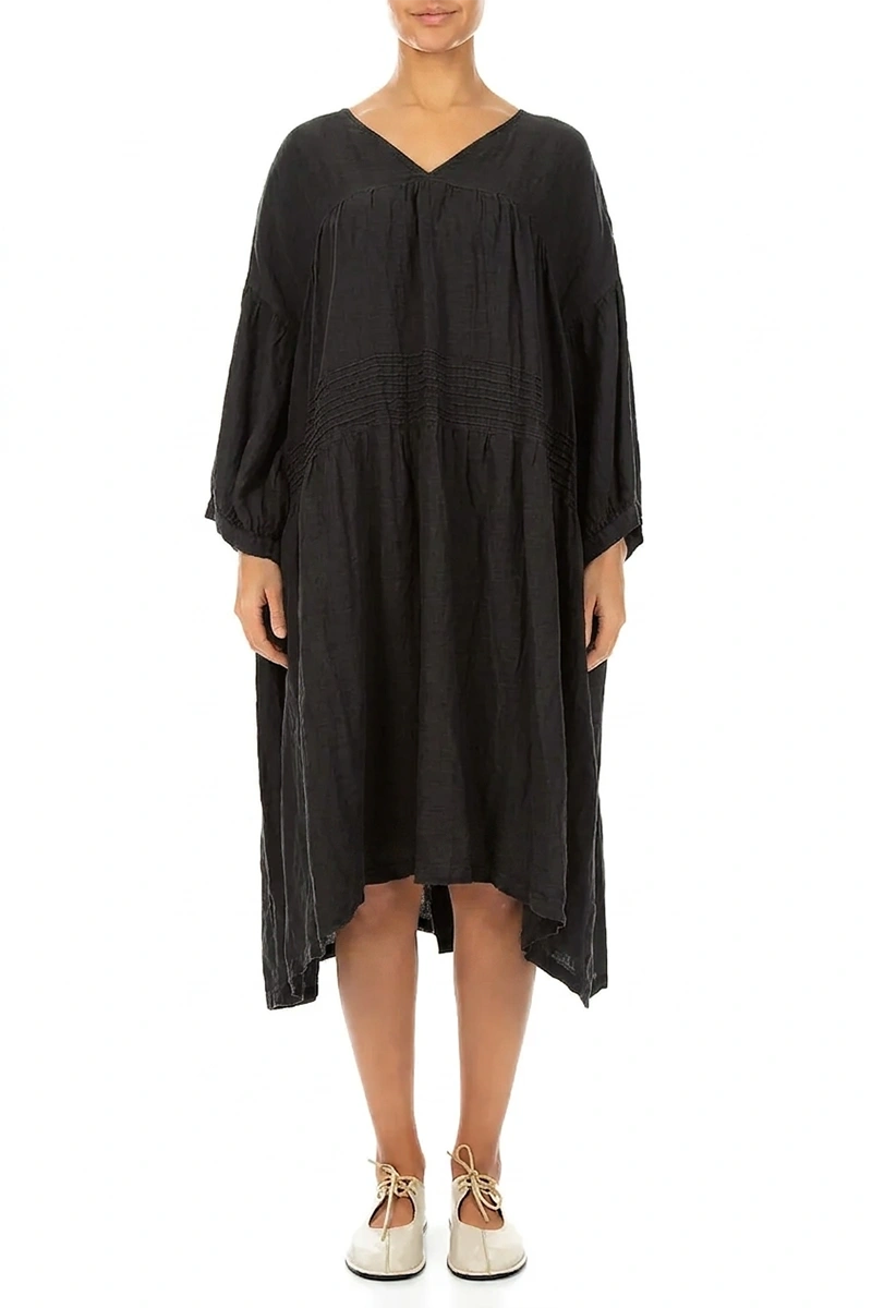 V-Neck Black Pintuck Linen Dress 1