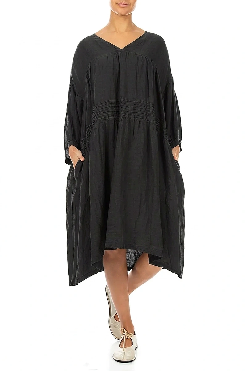 V-Neck Black Pintuck Linen Dress 4