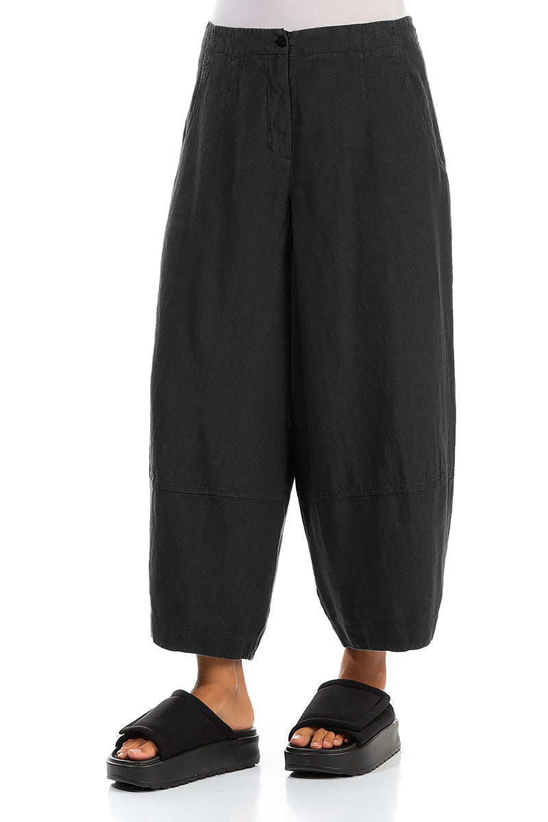 Wide Cropped Black Linen Trousers 3