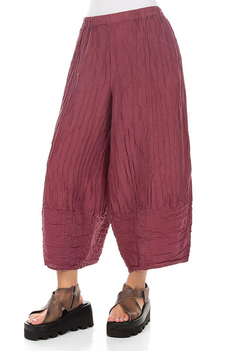 Wide Cropped Crinkled Antique Ruby Silk Linen Trousers 3